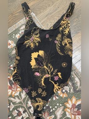 Free People Something Pretty Black Pink Gold Floral Bodysuit Size XSmall